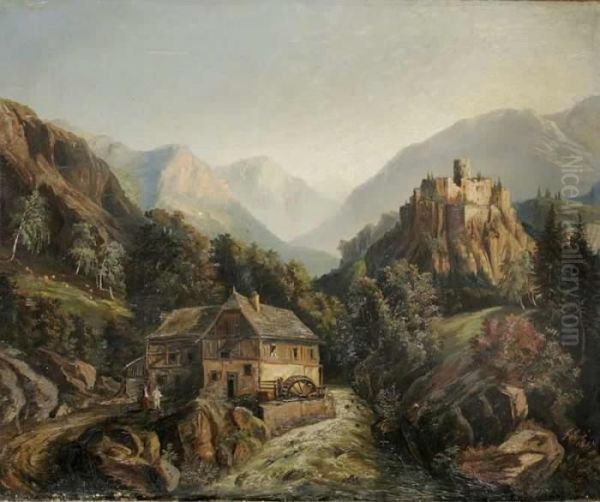 An Alpine Landscape With A Mill And A Castle Oil Painting by Ferdinand Lepie