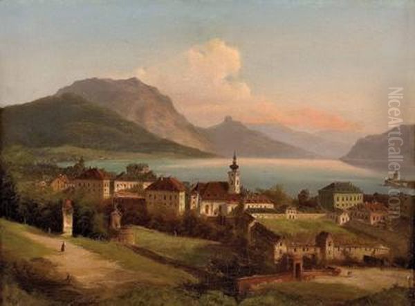 Gmunden Am Traunsee Mit Schloss Orth Oil Painting by Ferdinand Lepie