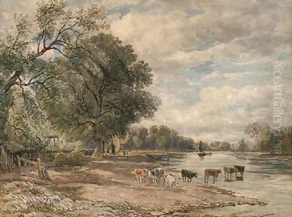 Cattle watering on the Thames at Richmond Oil Painting by David Cox