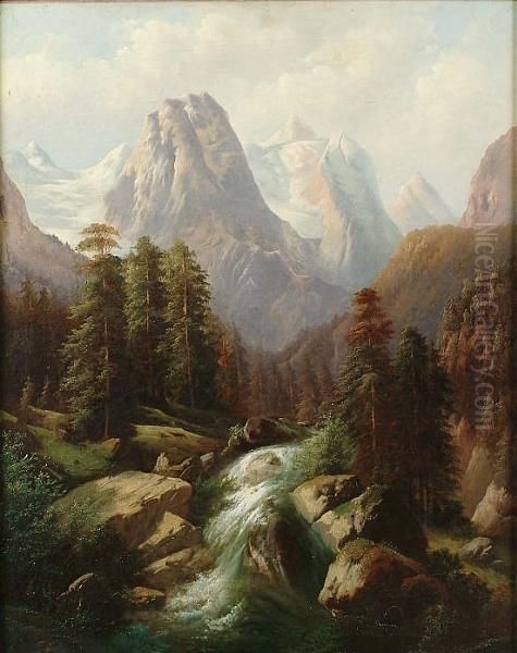 An Alpine Stream Oil Painting by Ferdinand Lepie