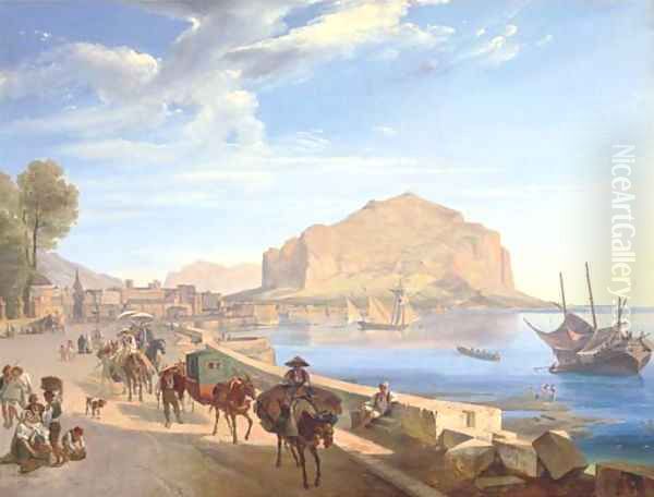 Tourists on the harbour front in Palermo, Monte Pellegrino beyond Oil Painting by Franz Ludwig Catel