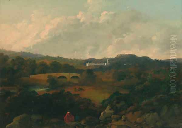 An extensive landscape with a country house beyond and figures in the foreground Oil Painting by George Cubitt