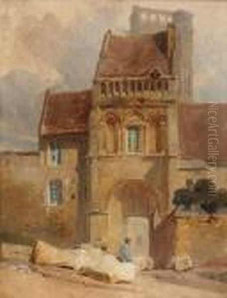 Personnage Assis Devant Une Maison Aux Arcatures Romanes Oil Painting by Auguste-Xavier Leprince