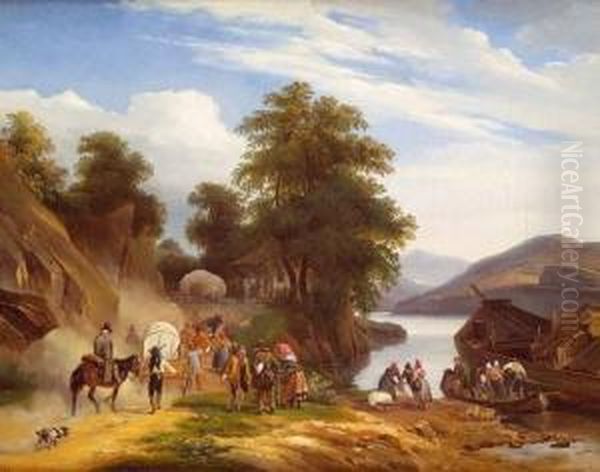 Le Debarcadere, Circa 1820 Oil Painting by Auguste-Xavier Leprince