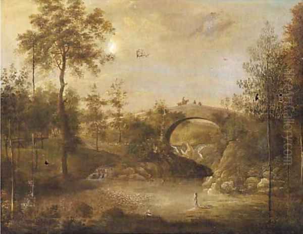 Figures bathing under a bridge in a wooded landscape Oil Painting by George Cuitt