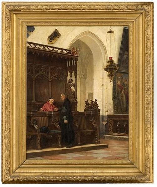 Church Interior With Priest And Monk Oil Painting by Vincent Stoltenberg Lerche