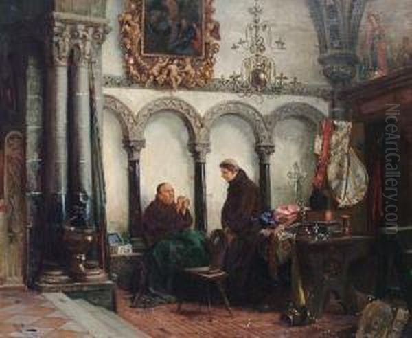 Monks Repairing The Vestment Oil Painting by Vincent Stoltenberg Lerche