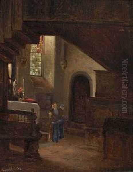 Kirkeinterior Olje Pa Plate Oil Painting by Vincent Stoltenberg Lerche