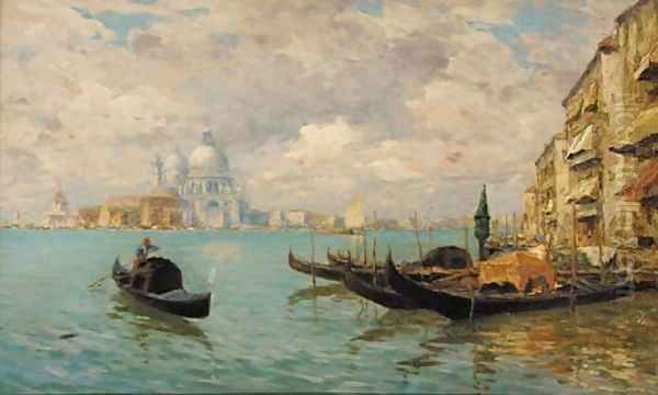 A distant view of Santa Maria della Salute, Venice, with Gondolas in the foreground Oil Painting by Guglielmo Ciardi