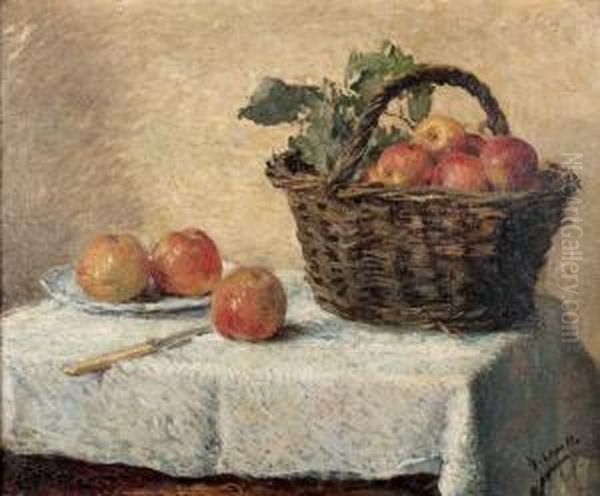 Nature Morte, Le Panier De Pommes Sur La Table Oil Painting by Henri Lerolle