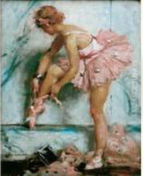 Ballerine Ajustant Son Chausson Oil Painting by Auguste Leroux