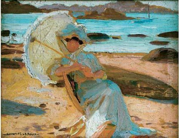 Femme A L'ombrelle Sur La Plage Oil Painting by Auguste Leroux