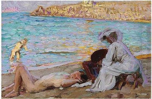 On The Beach; Summer Girl Oil Painting by Auguste Leroux