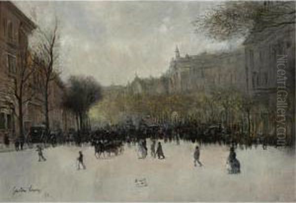 A Busy Street Oil Painting by Gaston Veuvenot Leroux