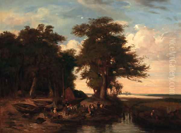 Fishermen on the bank of a river in a wooded landscape Oil Painting by John Berney Crome