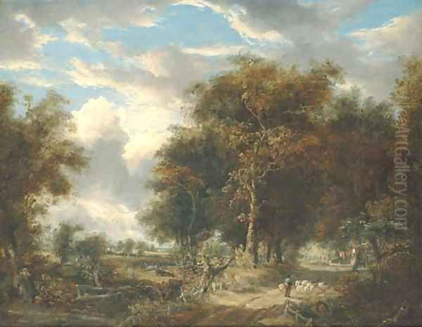 A wooded landscape with a shepherd and sheep on a path Oil Painting by John Berney Crome