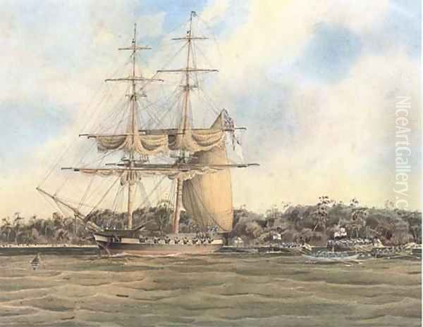 An English frigate lying at anchor off a tropical beach Oil Painting by John the Younger Cleveley