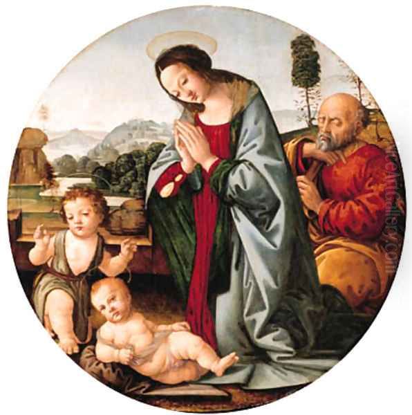 The Holy Family with the Infant Saint John the Baptist, a river landscape beyond Oil Painting by Lorenzo Di Credi