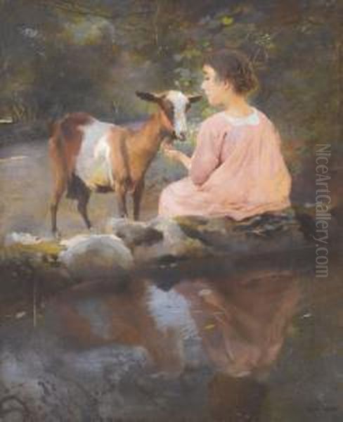 A La Fontaine Oil Painting by Paul Alexandre Alfr. Leroy