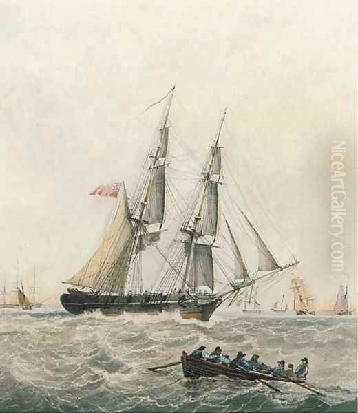 A brig running up the Channel Oil Painting by Robert Cleveley