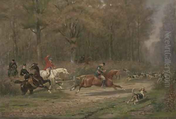 A chase through the woods, the huntsman's horn sounding Oil Painting by Auguste-Henri-Louis De Clermont