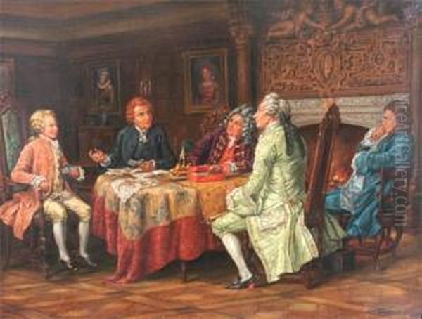 Interior, Noblemen Around A Table Oil Painting by Charles Robert Leslie