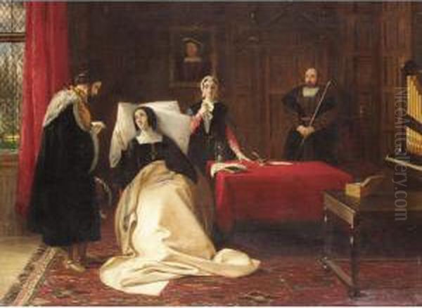 Katherine Of Aragon In Her Bed Chamer At Kimbolton Castle Oil Painting by Charles Robert Leslie