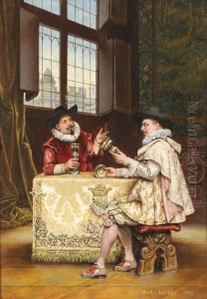 Two Connoisseurs Examining Silver Beside A Window, A Tapestry Nearby Oil Painting by Adolphe-Alexandre Lesrel