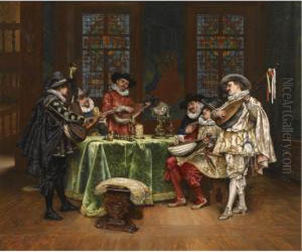 Interior With Troubadours Oil Painting by Adolphe-Alexandre Lesrel