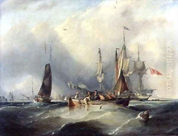 A Man o War and Fishing Boats off Southsea Oil Painting by George the Elder Chambers