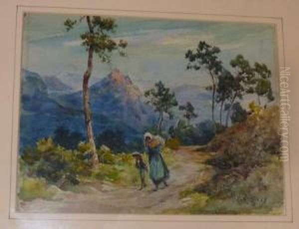 Figures On A Mountain Path Oil Painting by Ernest Louis Lessieux