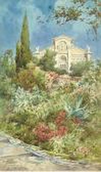 Exotic Blooms By The Church 
Steps; And A Bridge Above A Viaduct Over A Mediterranean Gorge Oil Painting by Ernest Louis Lessieux