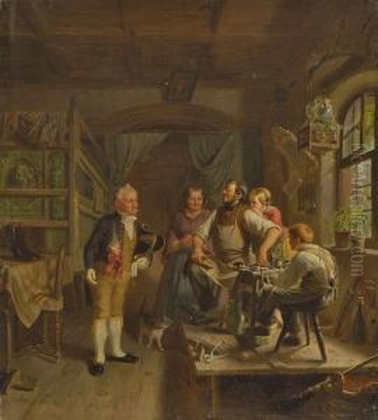 Der Hochzeitslader In Der Schusterwerkstatt Oil Painting by Carl Friedrich Lessing