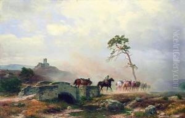 Ziehende Landsknechte Mit Pferden
 Bei Einer Steinbrucke Oil Painting by Carl Friedrich Lessing