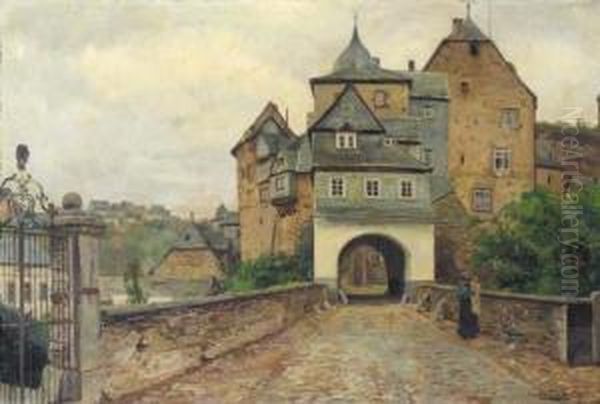 Schloss Runkel An Der Lahn Oil Painting by Konrad Ludwig Lessing