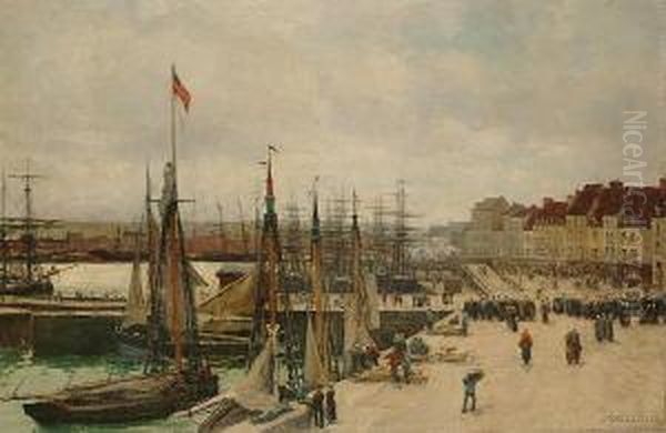 French Harbour Scene Oil Painting by Jules Lessore