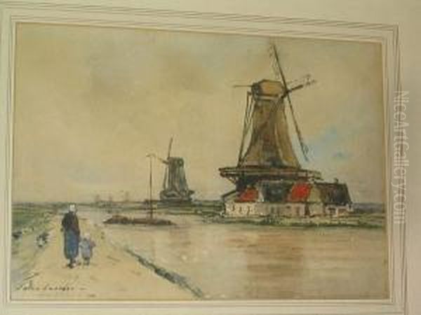 Dutch Canal Scene With Windmills And Figures On The Bank Oil Painting by Jules Lessore