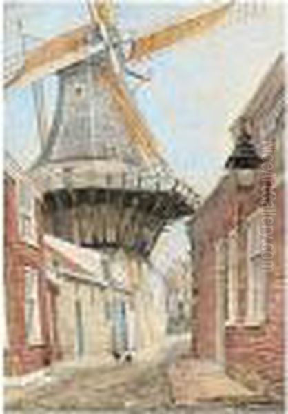 The Windmill, Signed And Dated 1874, Watercolour, 33 X 24 Cm.; 13 X 9 1/2 In Oil Painting by Jules Lessore