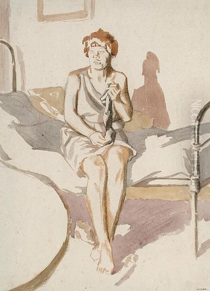 Woman Seated On A Bed Oil Painting by Therese Lessore