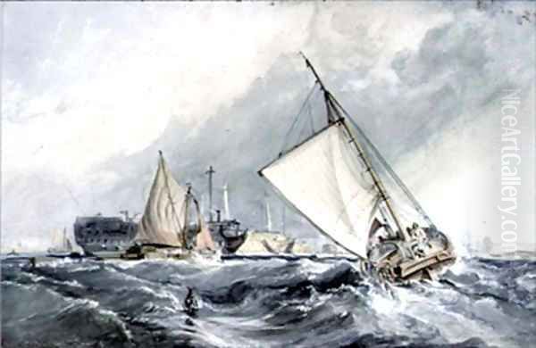 Old Men of War at Anchor boats in a Gale Oil Painting by George the Elder Chambers