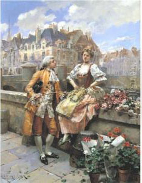 The Flower Seller On The Quais In Paris Oil Painting by Henri Victor Lesur