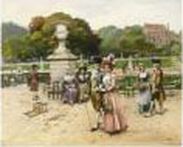 Elegant Figures Strolling In A Park Oil Painting by Henri Victor Lesur