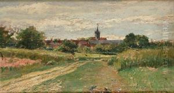 A Landscape With A Church In The Distance Oil Painting by Henri Victor Lesur