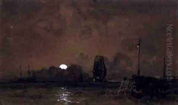 Sunderland Harbour Moonlight Oil Painting by George the Elder Chambers