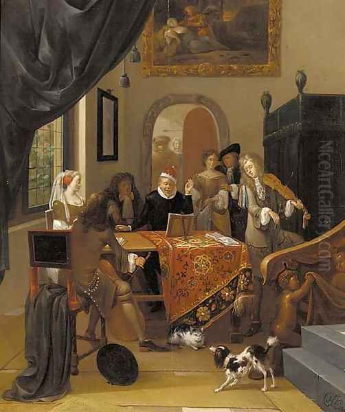 A music party in an elegant interior, seen past a trompe l'oeil curtain Oil Painting by Hendrik Carree