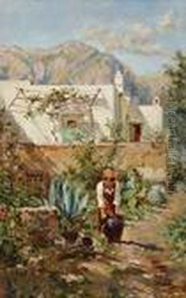 Suditalienische Landschaft Mit 
Einer Jungen Frau Und Einem Hund Im Garten Eines Landhauses Oil Painting by Antonino Leto