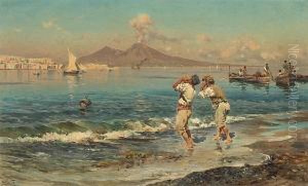 A View Of The Bay Of Naples With Fishermen Inthe Foreground Oil Painting by Antonino Leto