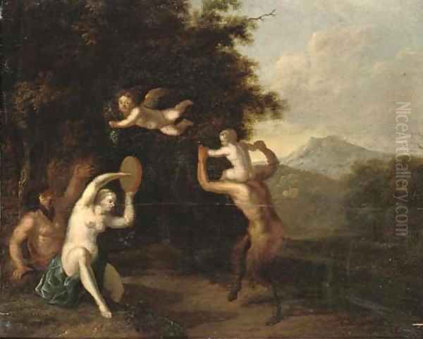 A wooded landscape with satyrs and a nymph dancing Oil Painting by Martinus De La Court