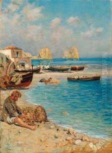 Pescatore Sulla Spiaggia, Capri Oil Painting by Antonino Leto