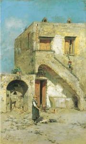 Capri, Vita Nel Cortile Oil Painting by Antonino Leto